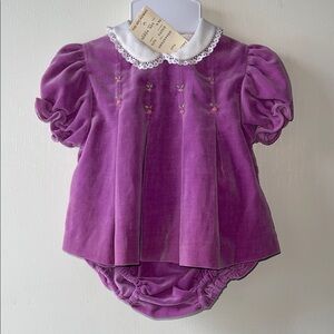 Vintage Croissant Baby Girl Dress Sz 6/9M Purple Floral Embroidery
